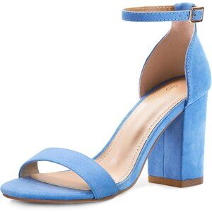Women's Blue Chunky Block Heels Open Toe Ankle Strap 3.5 Inch Heeled Sandal